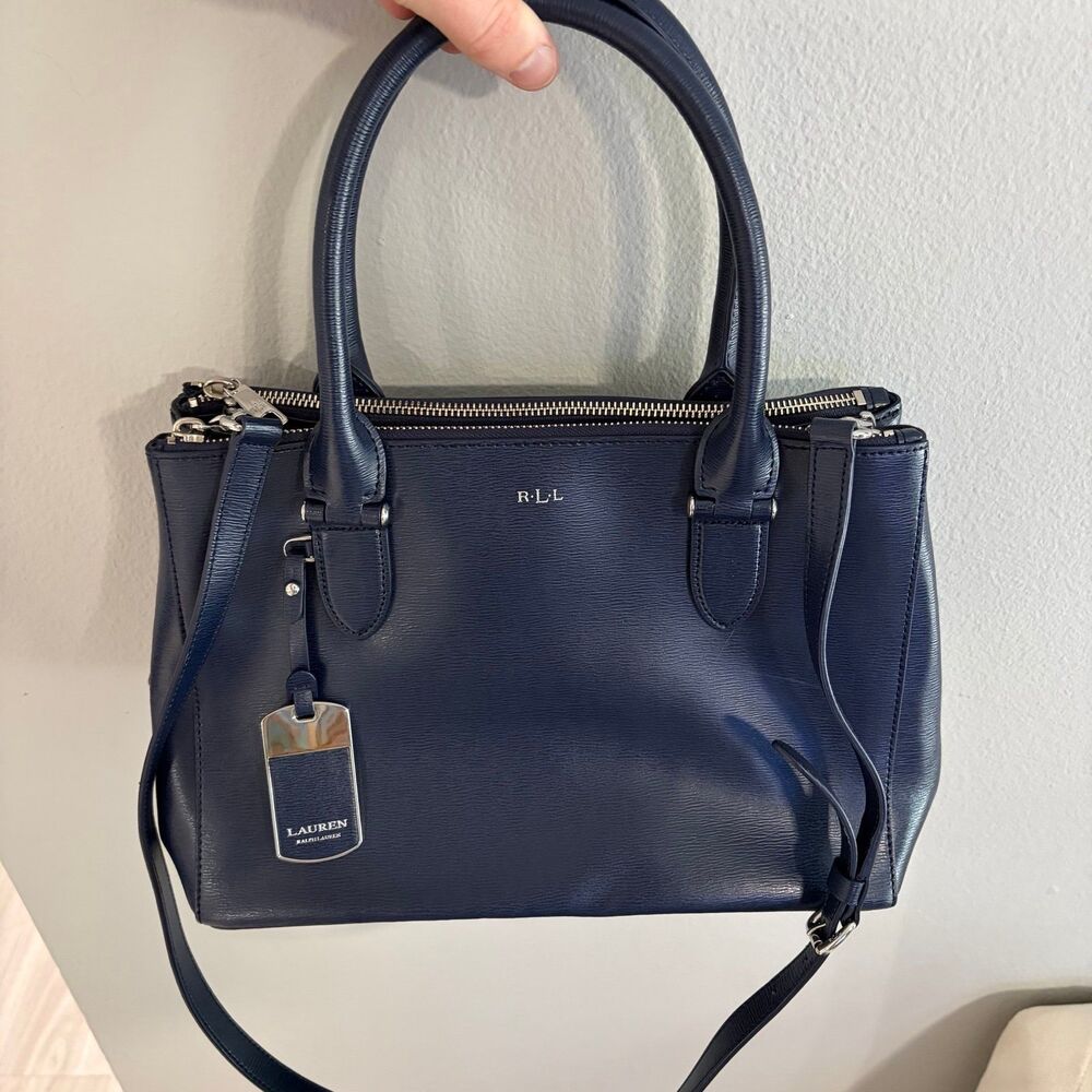 Lauren Ralph Lauren Newbury Mini Double Zip Satchel Navy Blue Textured Leather